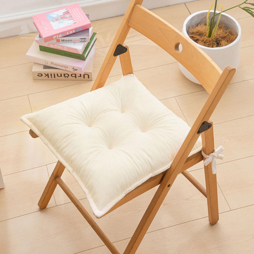 Hixingo Set of 2 Chair Cushions, Seat Cushions with Ties for Dining Kitchen, Plush Garden Chair Cushions Washable Solid Color Seat Pads (40x40cm(Pack of 2),Beige)