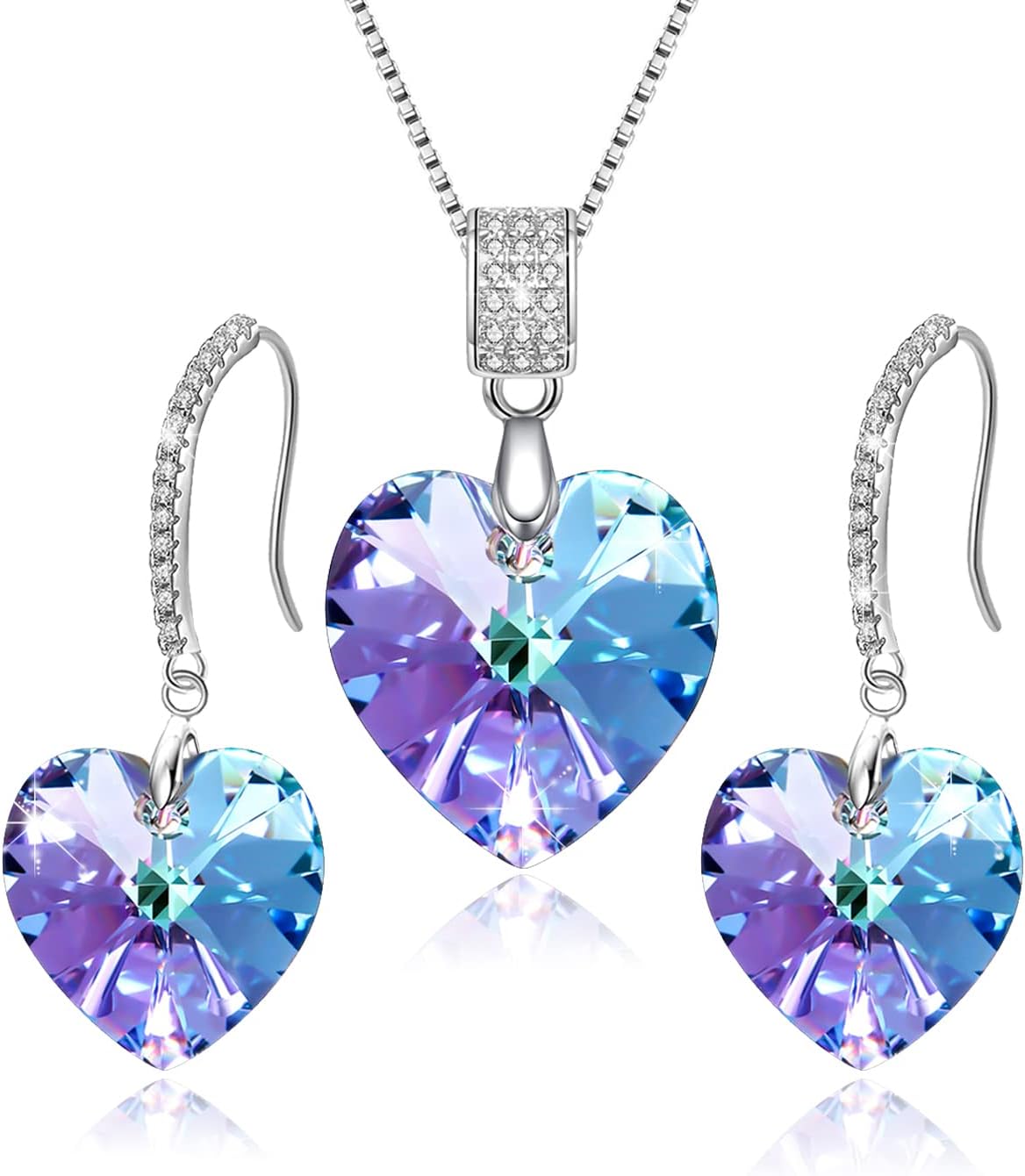 Love Heart Necklace Earrings Jewelry Set for Women Austrian Crystal Dangle Earrings Christmas Jewelry Gift for Women Wife Girls