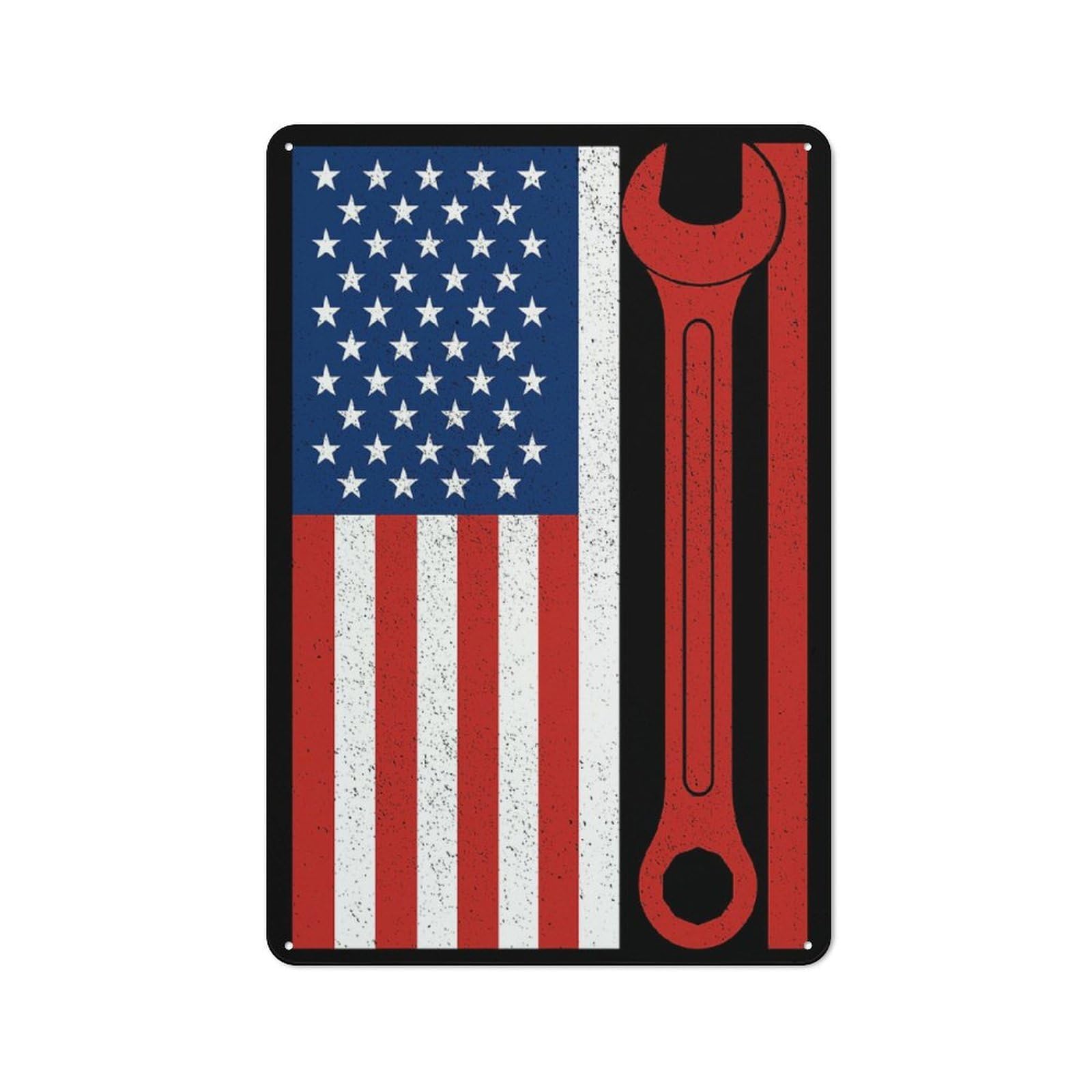 Tin Wall Plaque 30x20cm with American Flag Wrench for Man Cave Or Games Room, for Updating Man Cave And Games Room after Moving