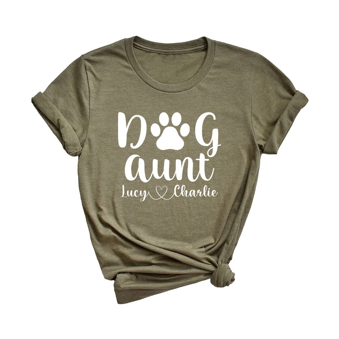 LEVY PAW Personalized Dog Aunt T-Shirt with Your Dog Names Cute Dog Aunt Gift (Heather Olive)