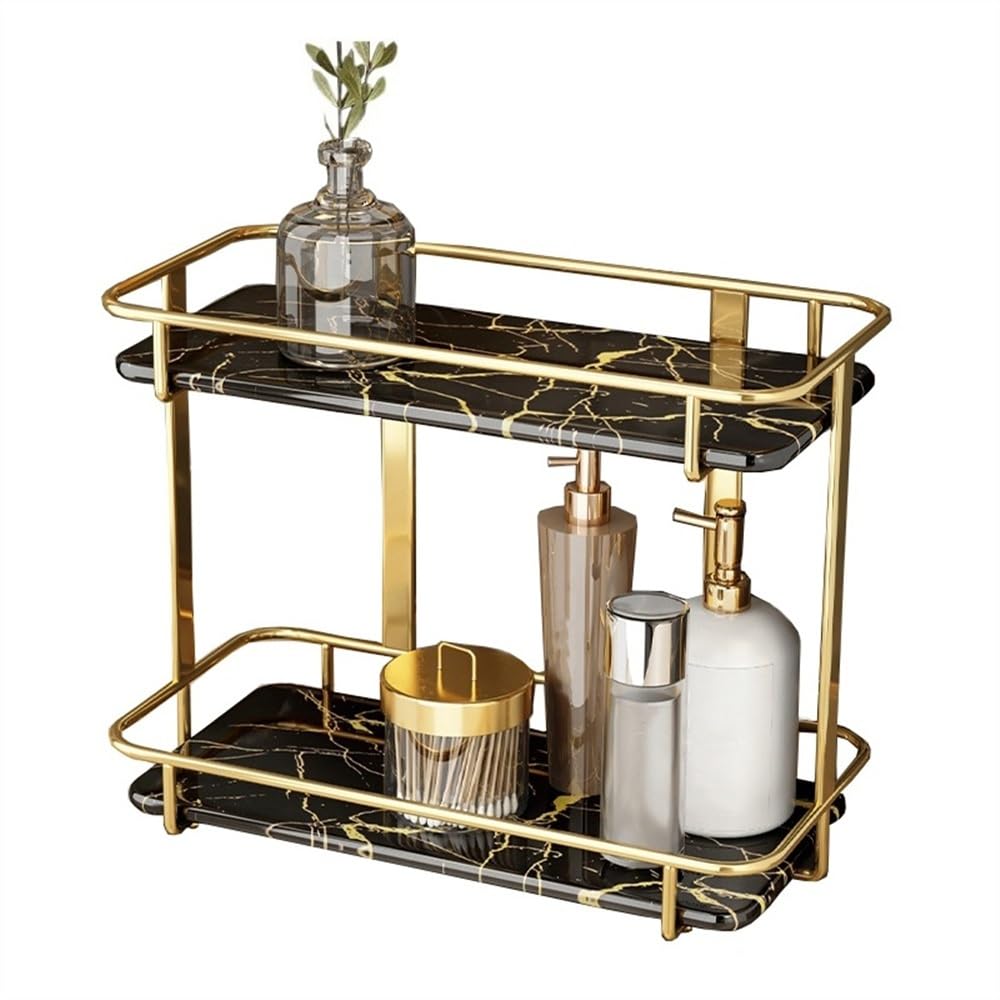 GLigeT Bathroom Shelves 2-Tier Bathroom Organizer Countertop Luxury Perfume Makeup Organizer Marble Ceramic Vanity Tray Dresser with Gold