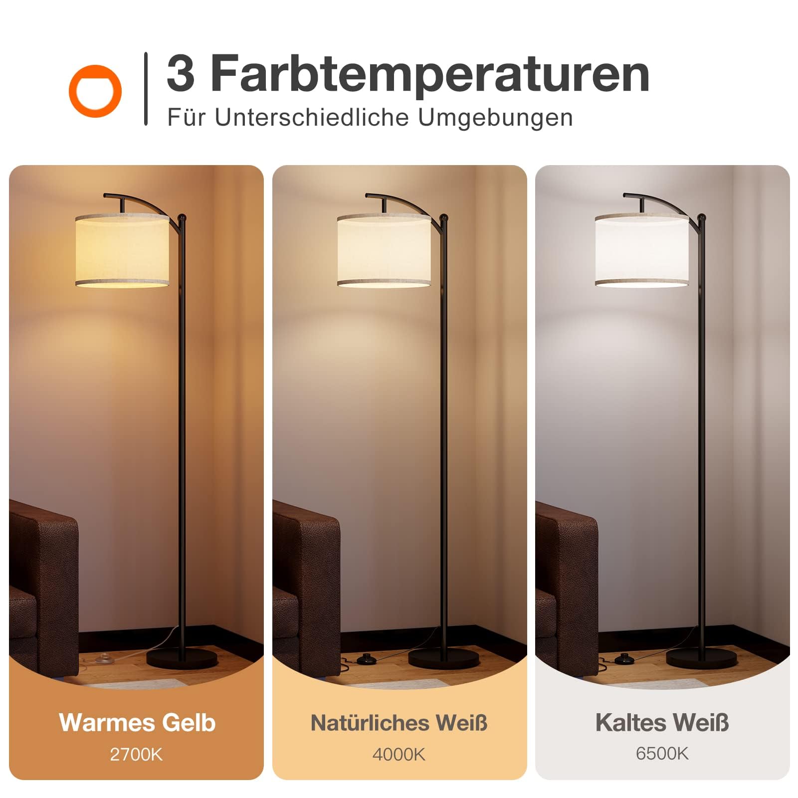 ROTTOGOON Stehlampe für Wohnzimmer mit 3 Farbtemperaturen LED Glühbirne Stehlampen Hoch Industrielle Stehlampe Lesen für Schlafzimmer Büro (9W LED-Glühbirne Beige Lampenschirm enthalten) Schwarz