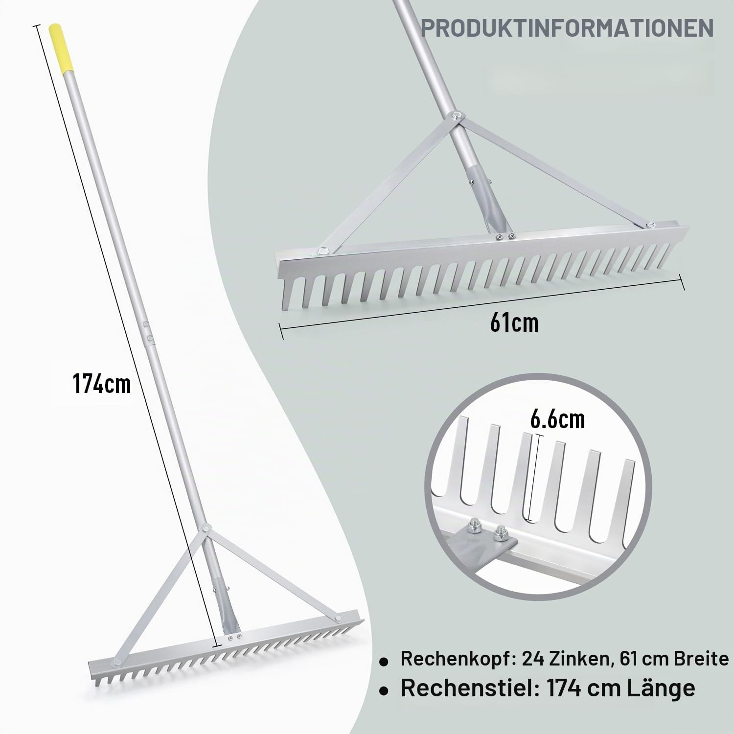 Colwelt Landschaftsrechen, 24 Zinken, Aluminium-Landschaftsbau-Rechen mit 173 cm Griff, Kies-Gartenrechen-Werkzeug für Strand- und Rasenpflege