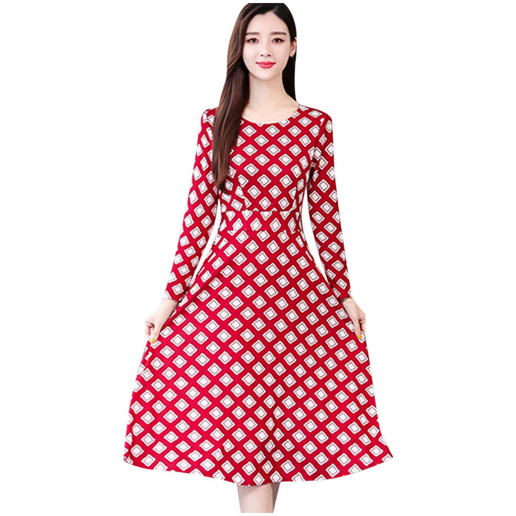 Dreamyth-Summer Women 2020 Casual O-Neck Long Sleeve Waist Long Dress Ladies Plaid A-line Dress 2020