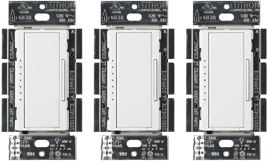 Maestro LED+ Dimmer Switch for Dimmable LED, Halogen and Incandescent Bulbs, 150W/Single-Pole or Multi-Location, MACL-153M-WH-3, White (3-Pack)