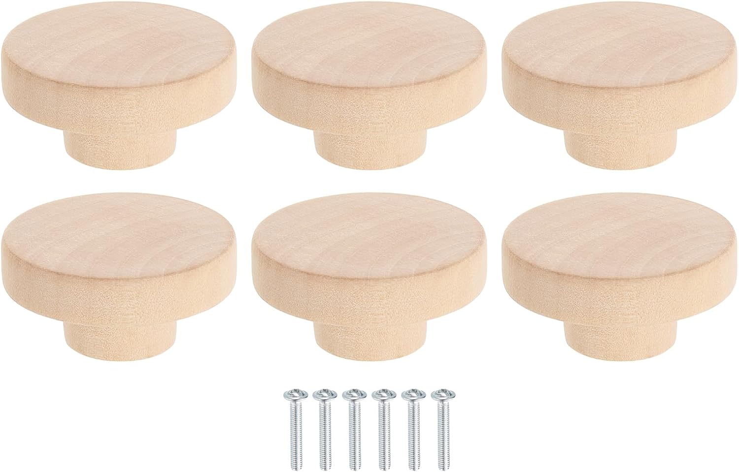 uxcell 6Pcs Round Wood Drawer Knob, 2" Diameter Flat Round Dresser Knobs Wooden Knobs with Screws for Furniture Drawer Dresser Wardrobe Cupboard