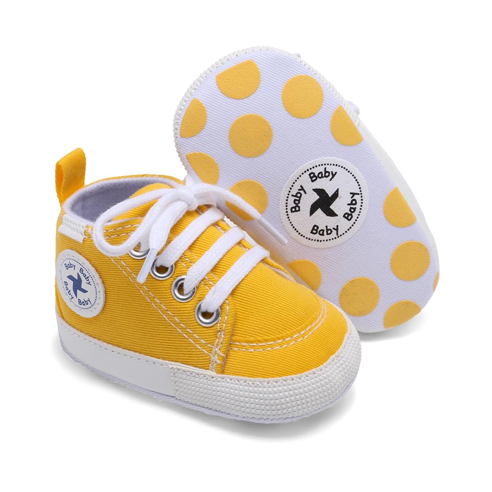 Baby Girls Boys Shoes Soft Anti-Slip Sole Newborn First Walkers Star High Top Canvas Denim Unisex Infant Sneaker(A01-Yellow New,0-6 Months)