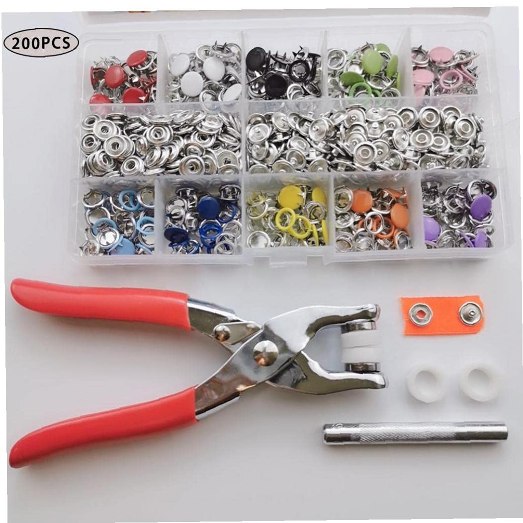 MILEVO Botones, botones a presión de puntas, juego de broches de metal con alicates para bricolaje, costura, reparación de ropa, colorido, 200 unidades organizador de almacenamiento