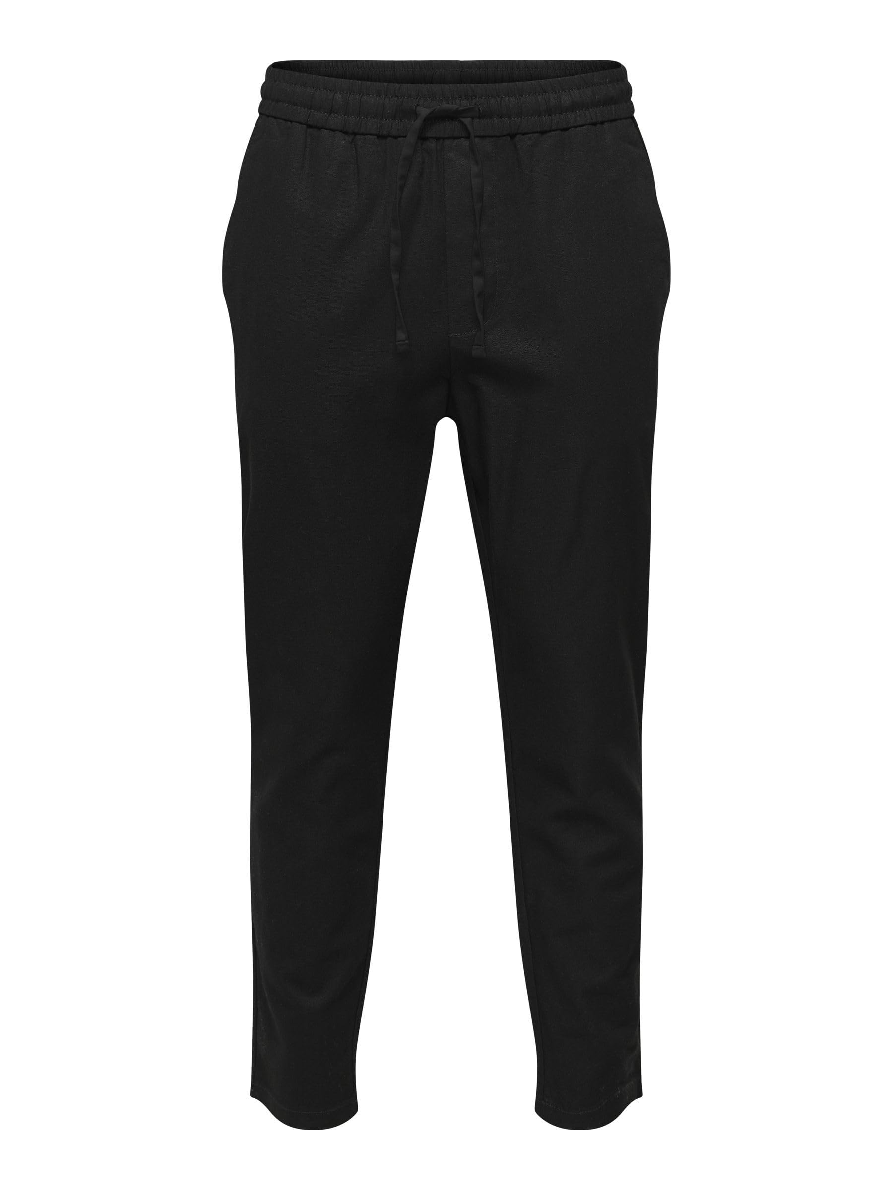 Only & Sons Men's O&S Loose Fit Fabric Trousers Comfortable Linen Cotton Pants ONSLINUS Casual Bottoms with Drawstring, Colours:Black, Pant Size:M