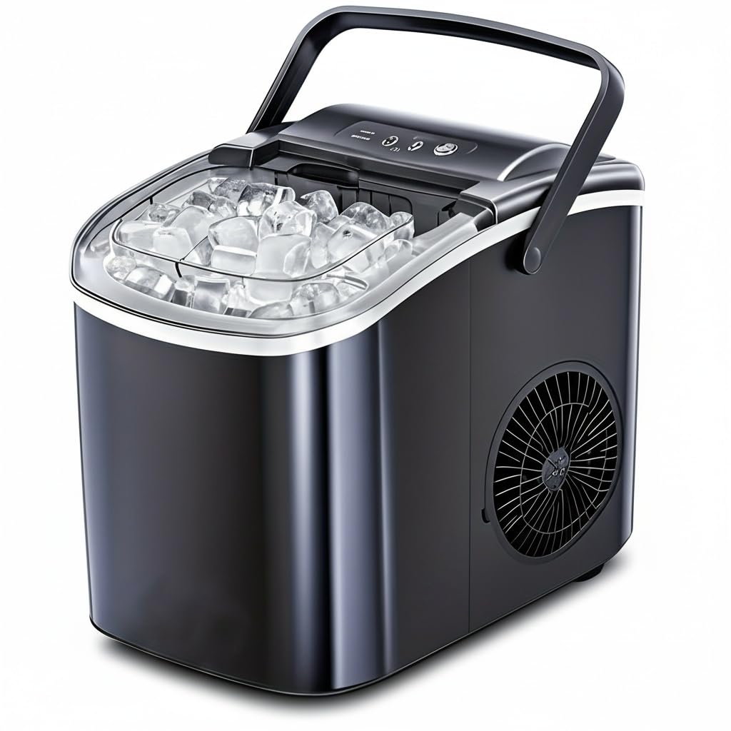 Portable Countertop Ice Maker, 26 lbs per Day, 9 Ice Cubes in 7 Minutes, Self-Cleaning Function, with Ice Scoop and Basket (Black)