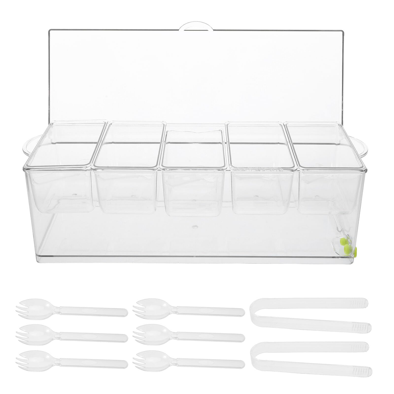Vassoio per Condimenti Refrigerato con Coperchio Trasparente 5 Scomparti in Plastica Resistente per Buffet Bar e Cocktail con Set Utensili Contenitore per Frutta Gelato e