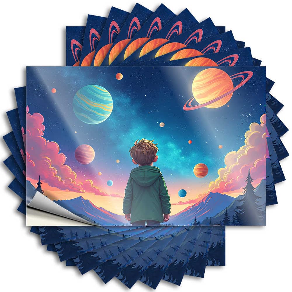 Sticker Emo Room Decor Waterproof Vinyl Sticker | Child Gazing At Colorful Planets in The Sky Tiny Bottle for Quick DIY Projects(8X12CM)