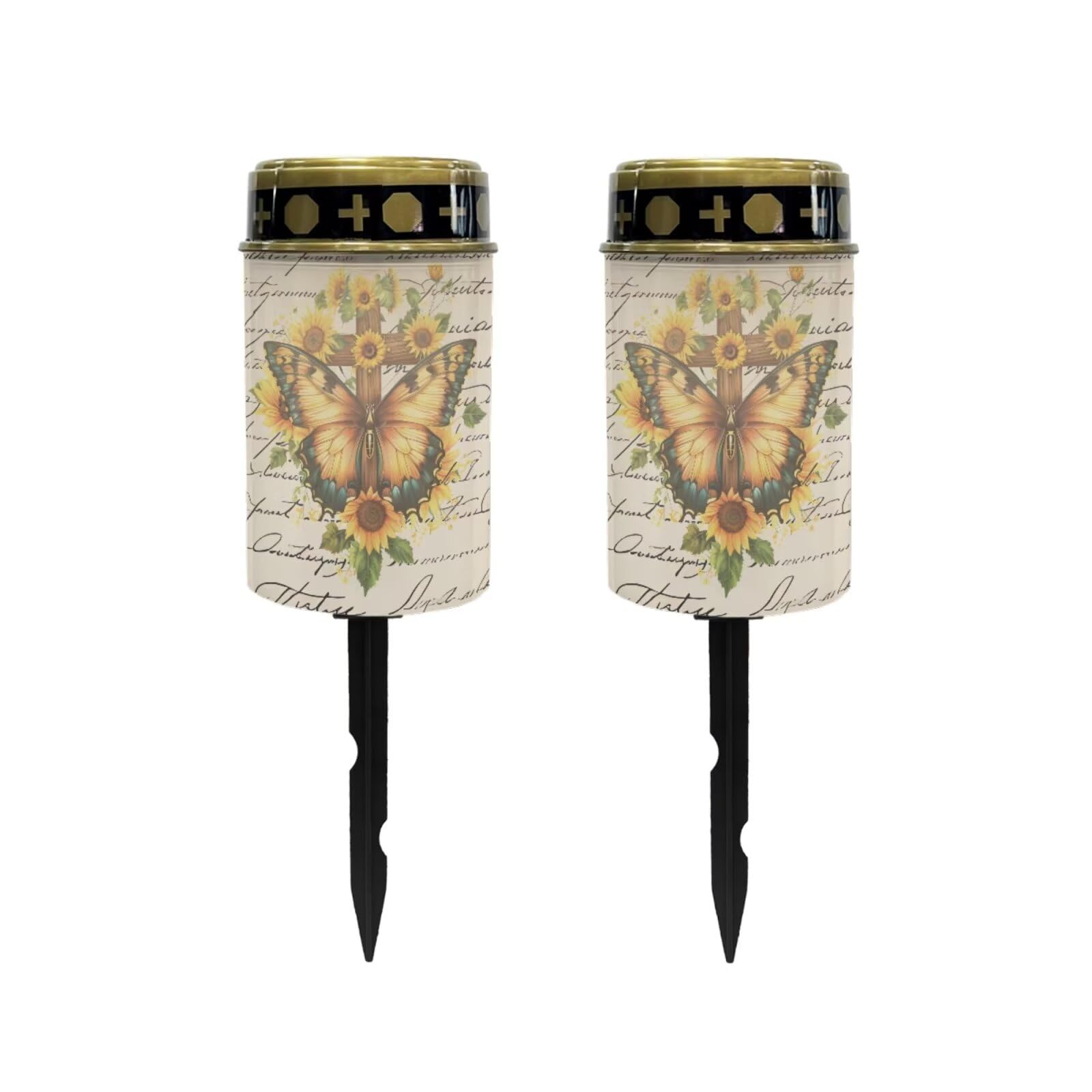 Poceacles Cross Outdoor Solar Lights Grave Solar Candle Outdoor Waterproof Cemetery Solar Candles Garden Lights for Cemetery Lawn Porch Backyard Decoration, Butterfly Sunflower Cross Letter, Pack of 2