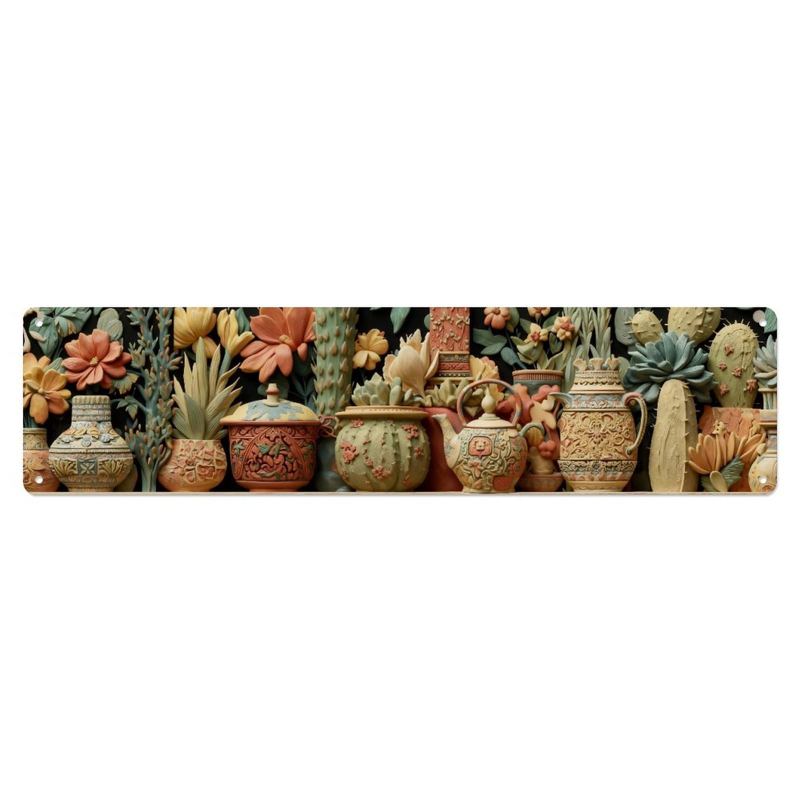 Colorful Floral Pots Cacti Pattern Metal Tin Sign Plaque