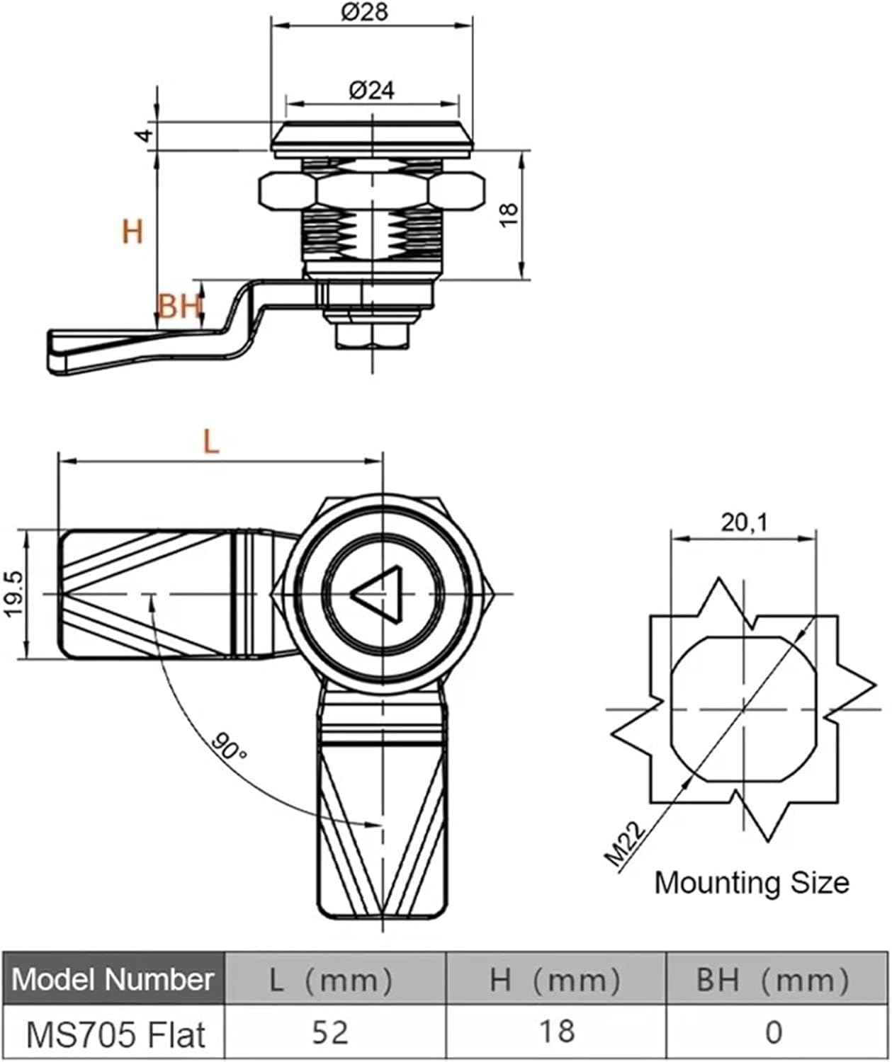 Stainless Steel Cabinet Lock with Key Rotary Switch Flat Tongue Locks for Industrial Distribution Box 1Pcs