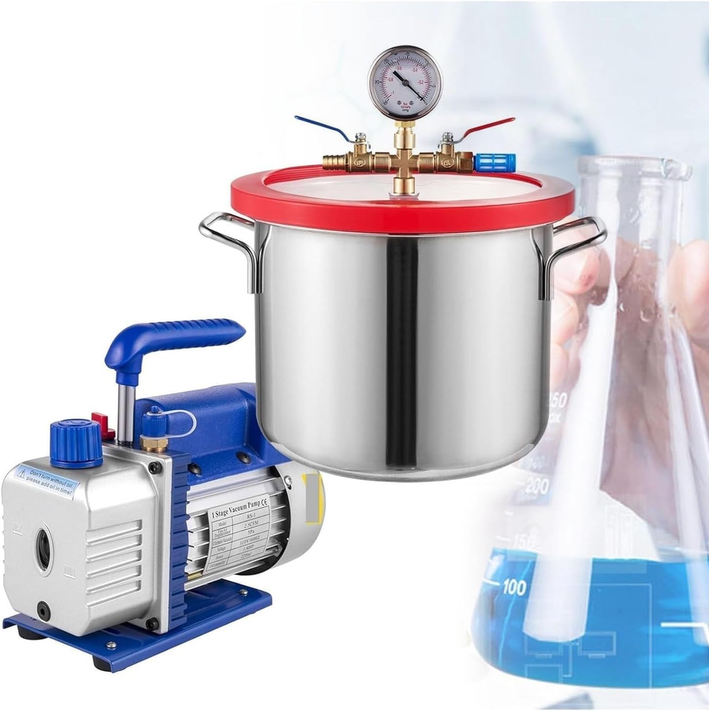 Vacuum Pump and Chamber Kit,1.5/2/3/5 Gal Large Vacuum Chamber Degassing Refrigerant Kit with 5 CFM Single-Stage Pump,for DIY Resin Casting/Silicones(20L/5Gal)