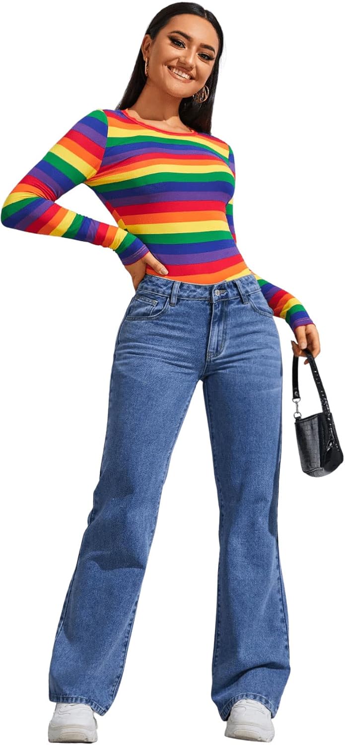 SweatyRocks Women's Casual Long Sleeve Rainbow Striped Slim Fit Tee Shirt Top - Image 5