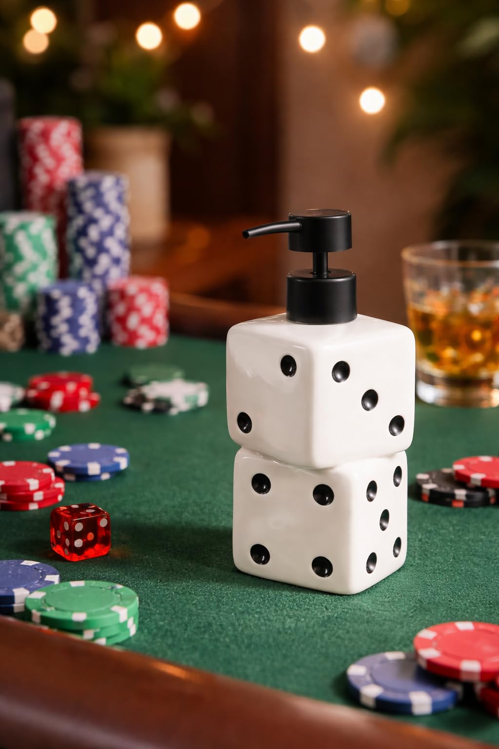 New Luxury Stacked Dice Soap Dispenser – White Ceramic Refillable Pump Bottle for Liquid Soap, Lotion Novelty Bathroom and Kitchen Decor -D76 (Dispenser)