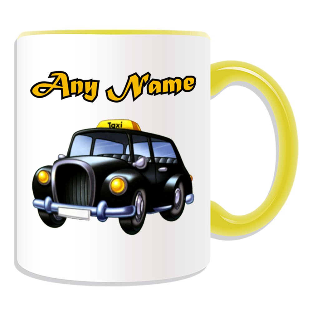Unigift Yellow Personalised Gift - Black Cab Mug (Transport Design Theme, Colour Options) - Any Name / Message On Your Unique - London Taxi Hackney Carriage Hack Vehicle Automobile Remise Driver Taxicab Public Hire