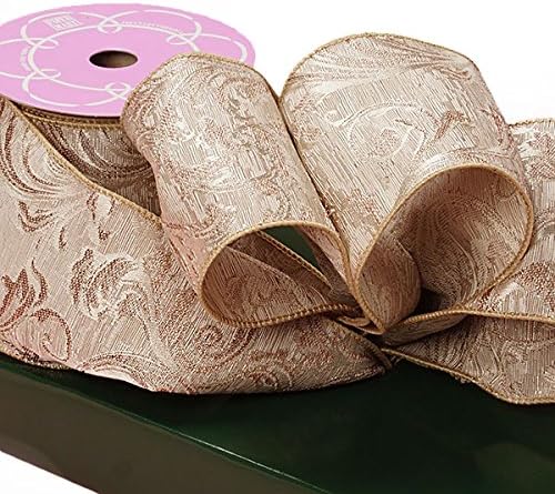 Premium 4 Christmas Ribbon 4" by 10 Yards (Light Gold Heavy Woven Damask Ribbon)