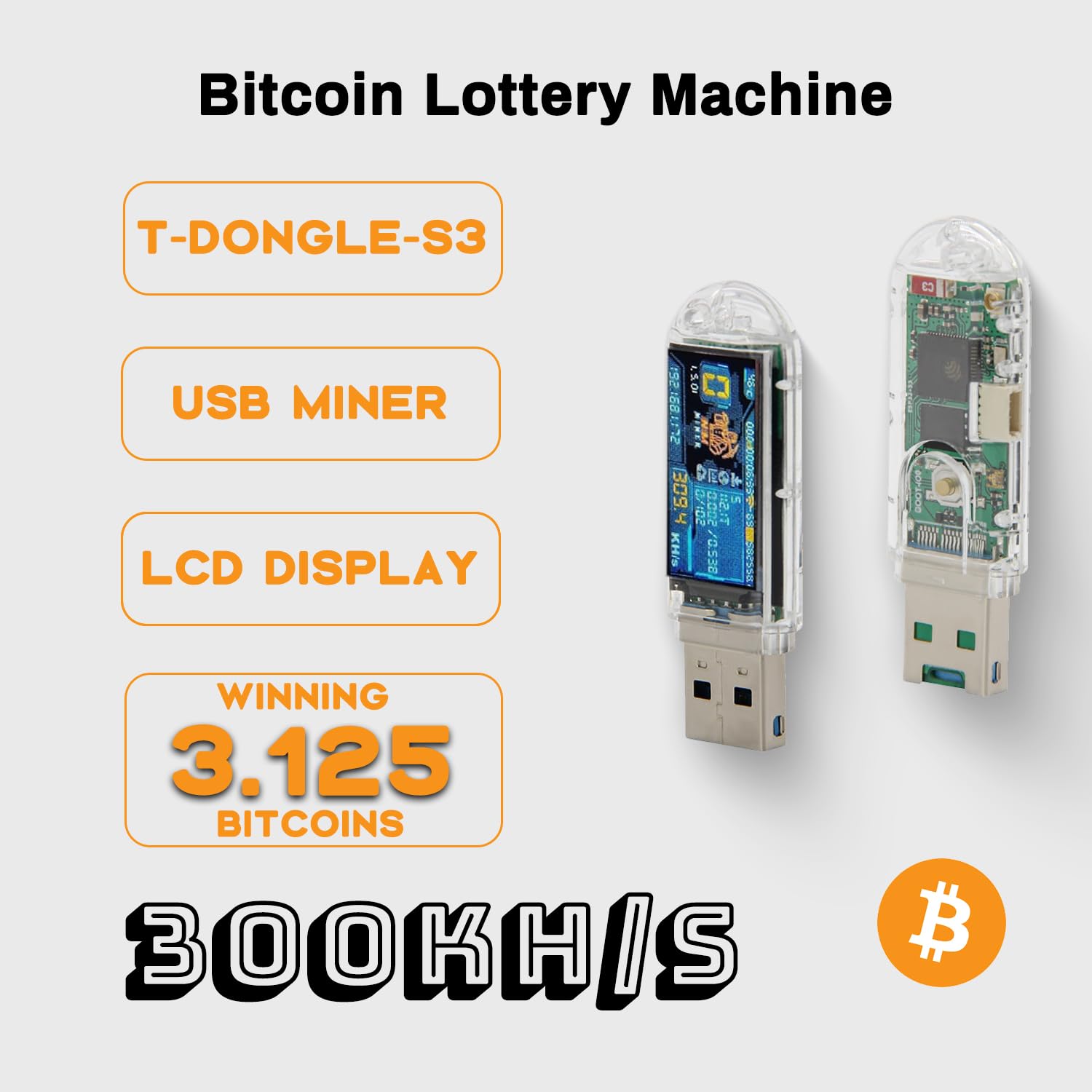 New NerdMiner V2 300KH NMminer Dongle USB 3W Bitcoin Solo Lottery Miner Win 3.125 BTC with Low Power Consumption WiFi Connection USB-A Power