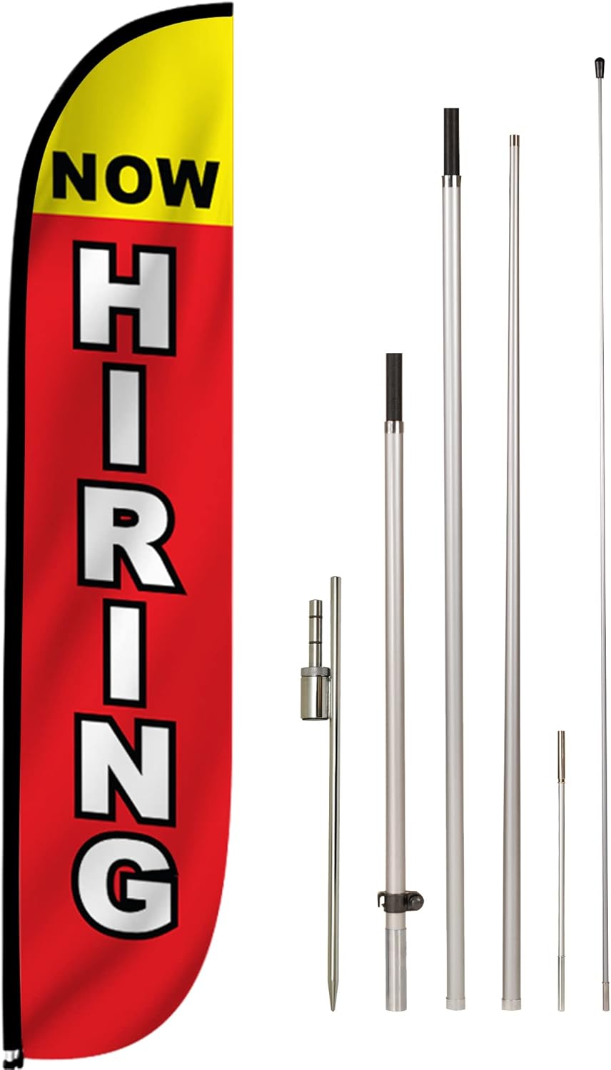 LookOurWay Feather Flag Set, 12 ft Advertising Flag with Poles and Ground Spike for Business Promotion, Now Hiring (10M1200298GSet)