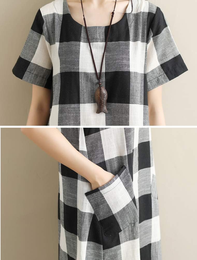 FTCayanz Women's Linen Shirt Dresses Summer Casual Short Sleeve Plaid Tunic Midi Dress - Image 5