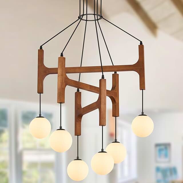 Farmhouse L28 '' Wooden Chandeliers with Milk Glass Globes Lampshades, R...