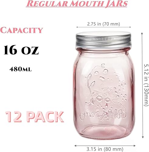Miniatura 2 de Amzcku Tarros rosados de 16 onzas con tapas, paquete de 12 tarros de conservas de boca regular, seguros para almacenamiento, conservas, conservas,