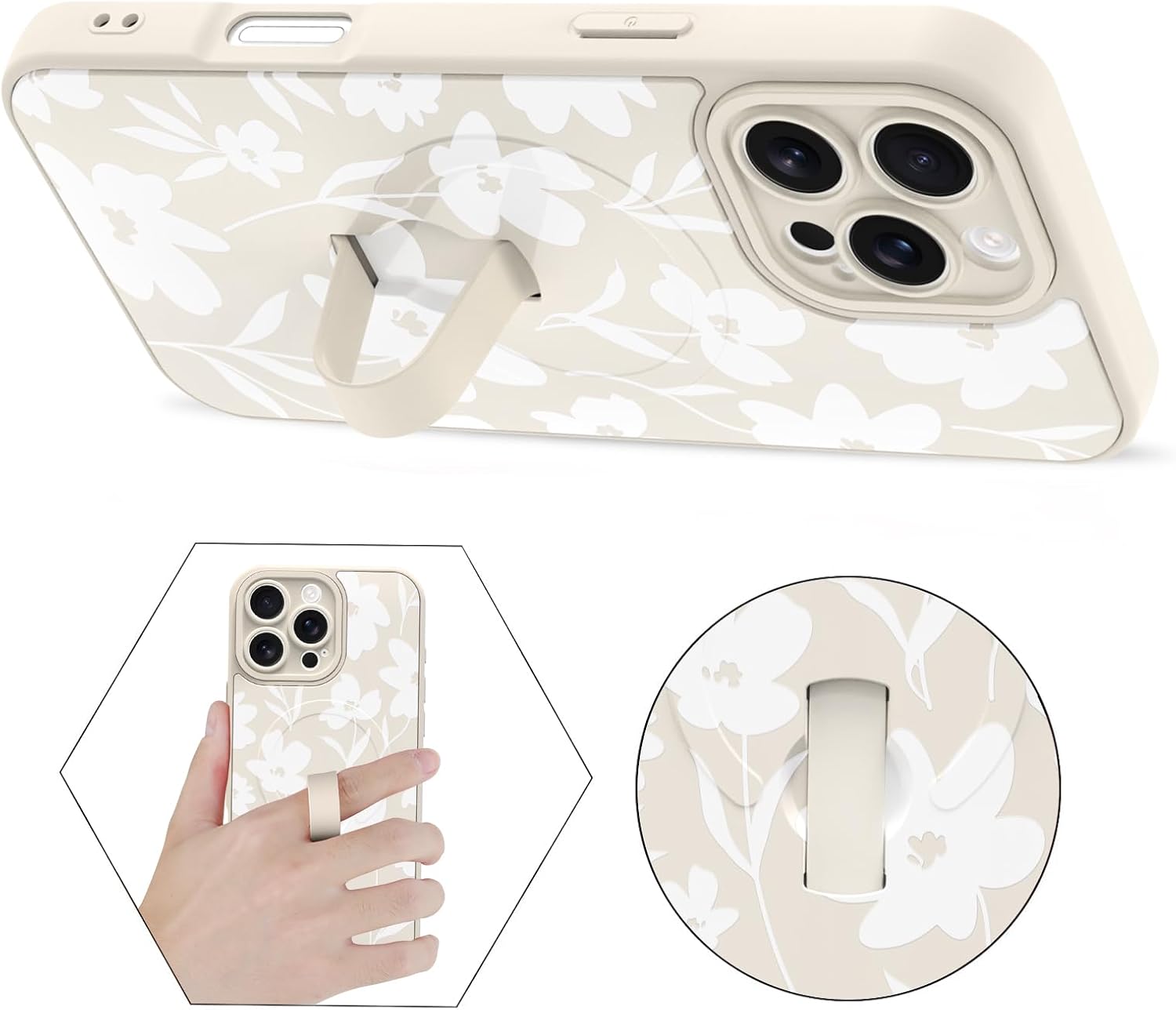 Magnetic Case for iPhone 16 Pro Max with Finger Hand Strap Kickstand [Compatible with Magsafe] Cute Aesthetic Floral Flower for Women Men, Full Camera Protection Shockproof Cover, White
