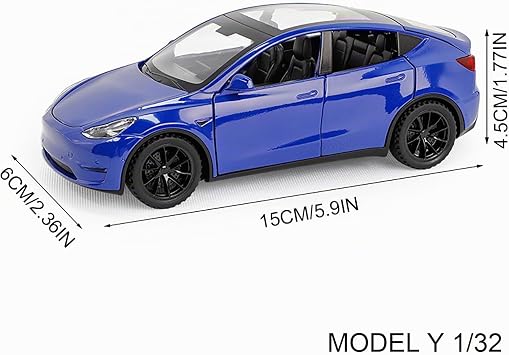 Tesla Model Y 1:32 Model Car Toy Car with Light & Music Pull Back Function Alloy Die-Cast Ideal for Children from 3 Years & Collectors (Blue)