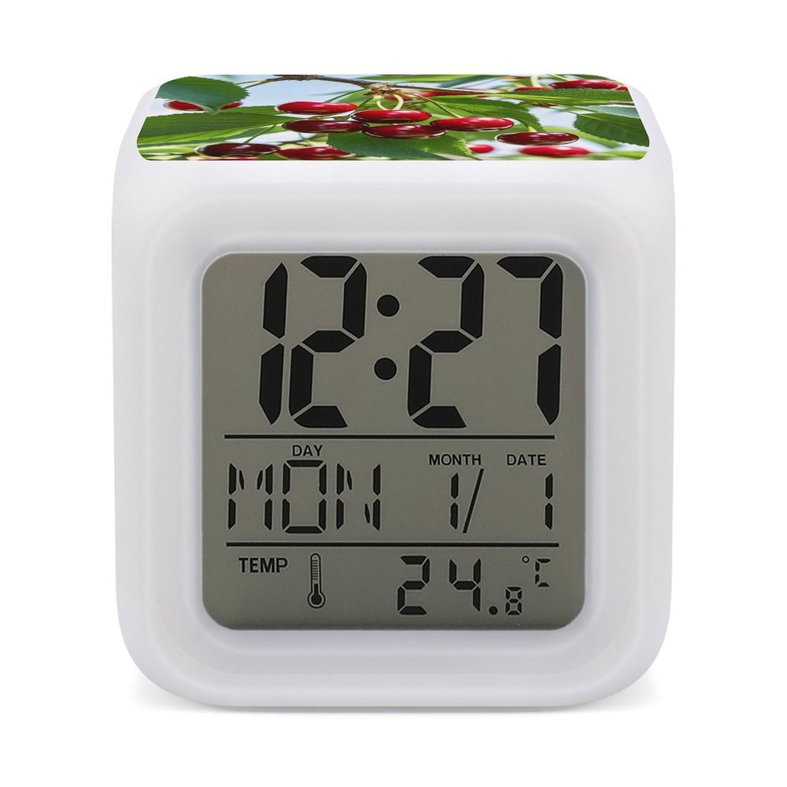 LZQPOEAS Cute Cherry Alarm Clock Desk Clock with 7 Color Changing Night Light Digital Clocks with Temperature Display Sleep Training and Sound Machine for Heavy Sleeper