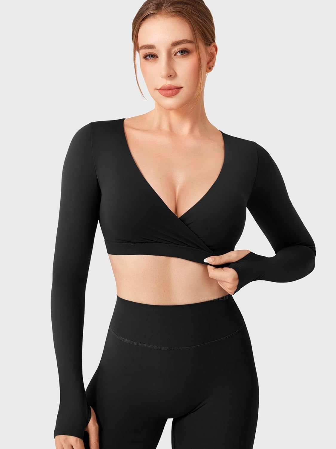 YEOREO Women Workout Long Sleeve Crop Tops Aberney Double Lined Deep V Cross Front Padded Yoga Cropped T Shirt - Image 5