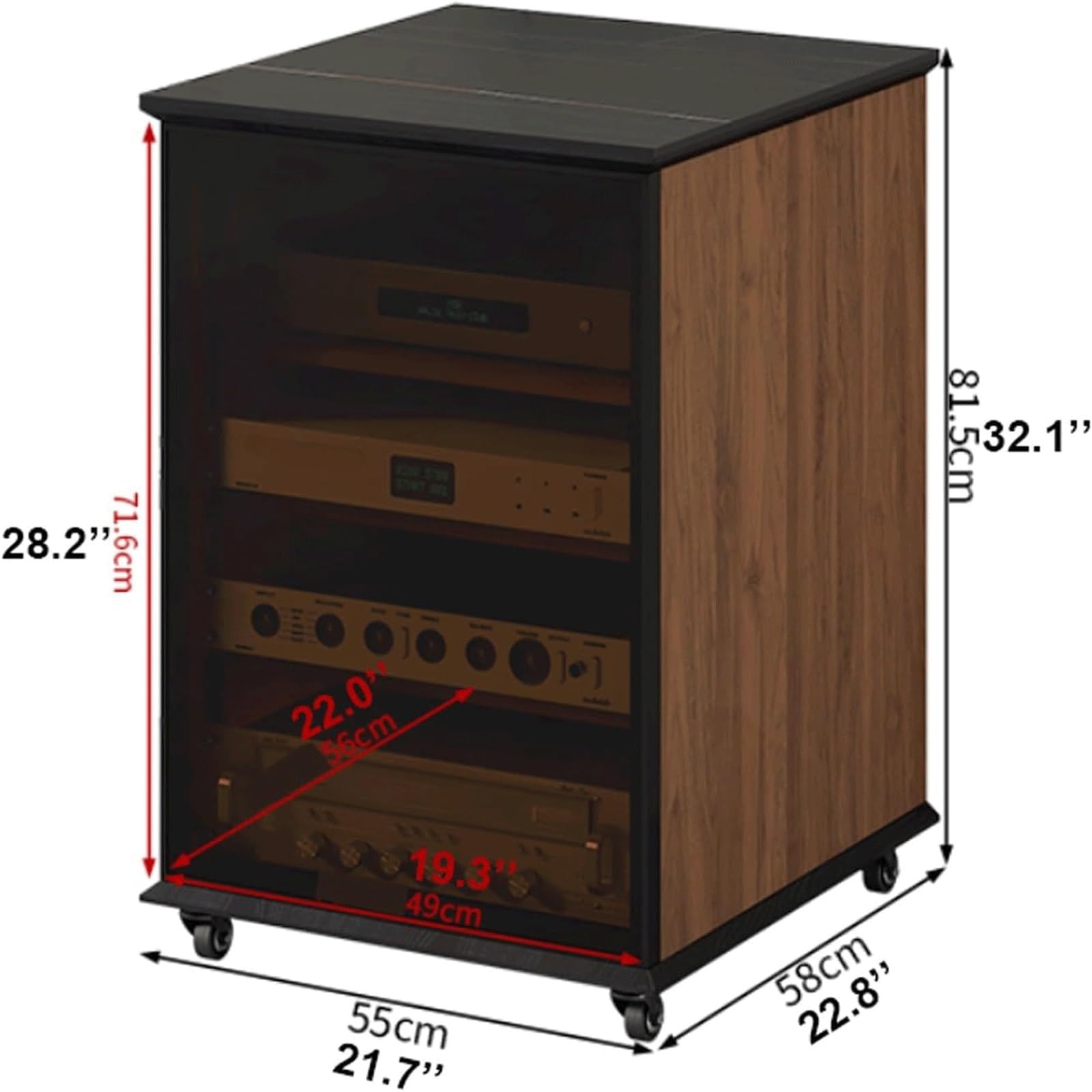 Scaffale regolabile in legno con porta, supporto AV su ruote, design con lastre di roccia da 81,5 cm, soluzione elegante per sistemi di intrattenimento domestico.