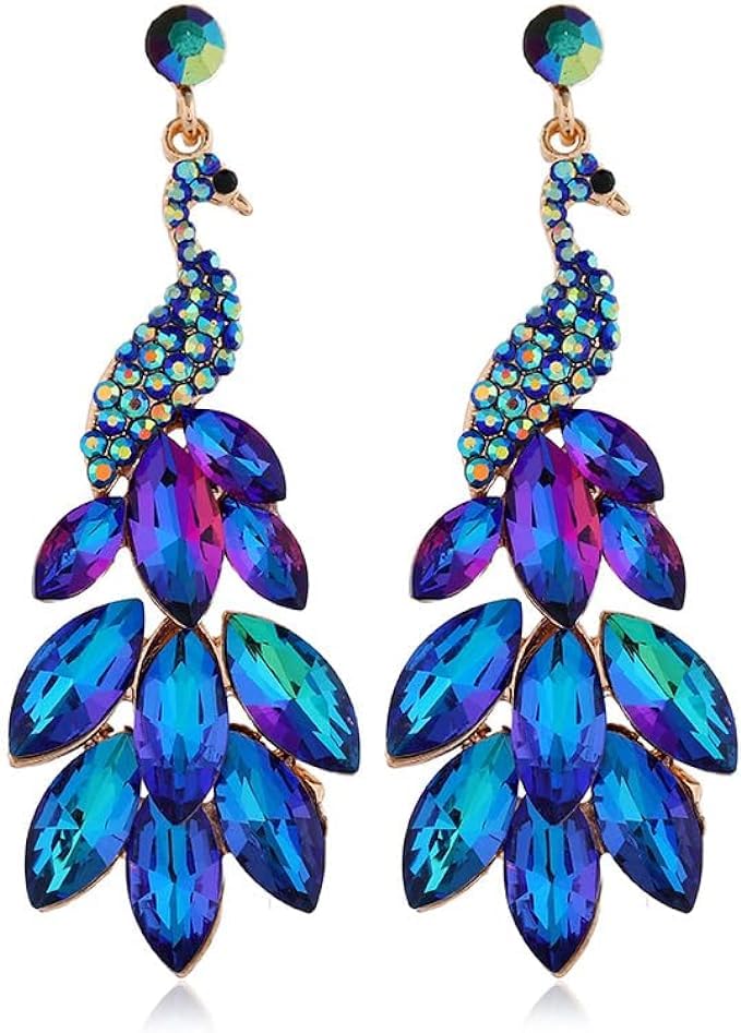 BSLVWG Boucles d'oreilles paon vintage pour femmes et filles - Style bohème plaqué or 14 carats - Plume de cristal vert - Exagération - Cadeau...