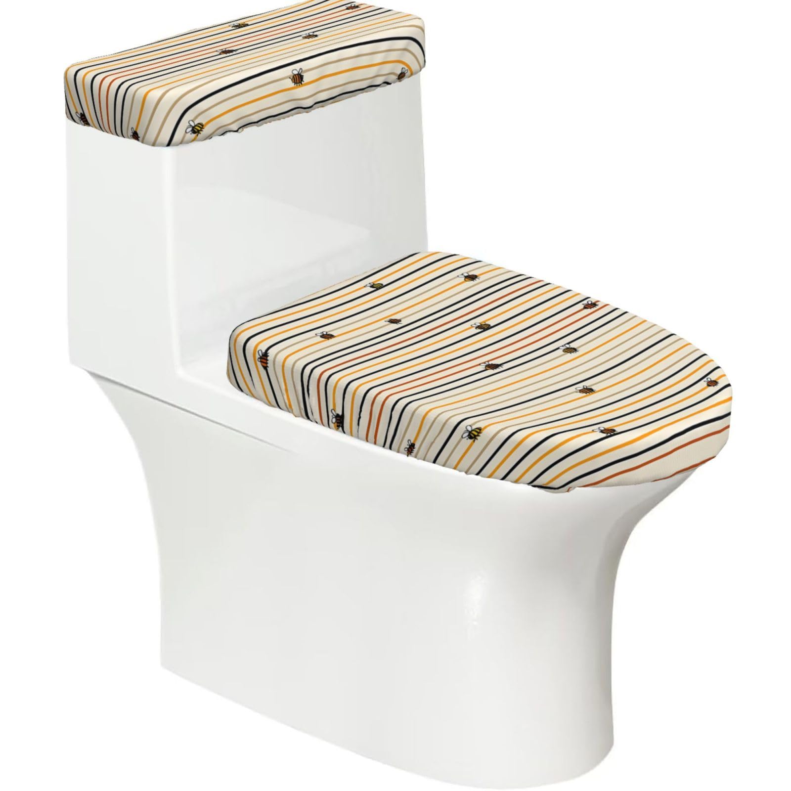 Wzycwb Black Striped Bee 2-Piece Toilet Seat Cover Set With Tank Lid, Elastic Fit For U-Shape & Elongated Toilets, Bathroom Decor, Housewarming Gift