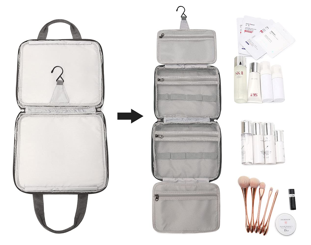 Imyth Reise-Kulturbeutel für Damen, Segeltuch, zum Aufhängen, Make-up-Organizer mit 4 Fächern und 1 stabilen Haken, große Kapazität, Kosmetiktasche für Toilettenartikel in voller Größe, Schwarz