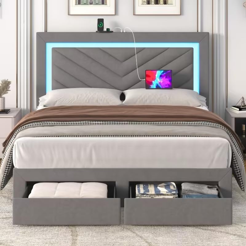 Incyneva Upholstered Full Bed Frame with LED Headboard and Storage Drawer, Velvet Platform Bed Frame Full Size with Charging Station, Adjustable