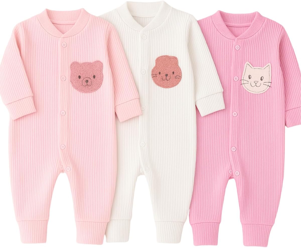 Kit 3 Macacão Para Bebê Canelado Bordado Vira Pé Menina Feminino – P Ao G