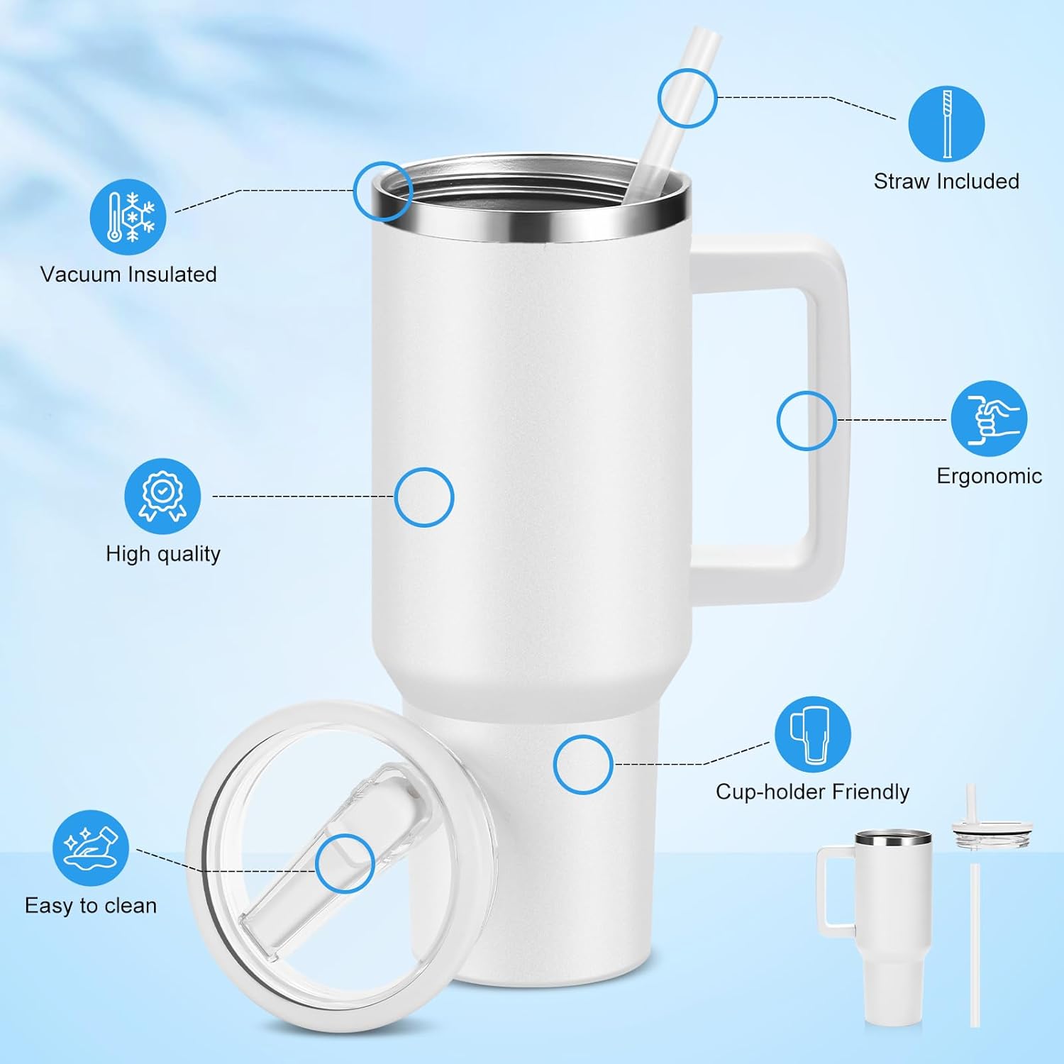 FOLAI 4 Pack 40oz Insulated Tumbler with Handle, Straw & Flip Lid, 100% Leak-Proof Stainless Steel Double Wall Vacuum Cup - 24H Cold & 10H Hot, Cup Holder Friendly Travel Tumbler | White - Image 6