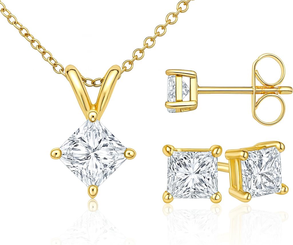 Princess Cut Diamond Pendant & Stud Earring Set - Promo Quality 14K Yellow Gold (0.12 ctw, I3 Clarity)