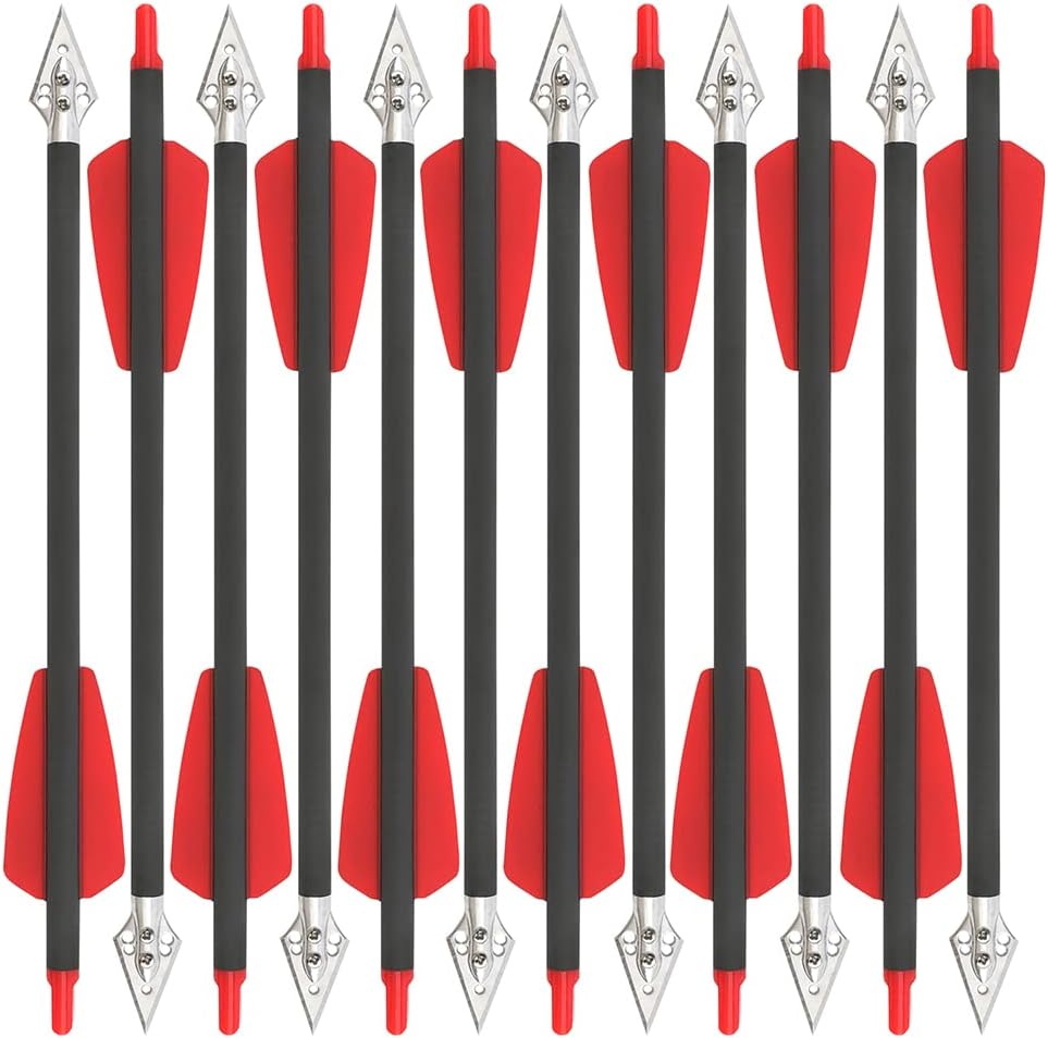 ZSHJGJR Archery 8 inch Crossbow Bolts Carbon Arrows 2" Red Vanes with Steel Broadhead Tips for Crossbow Hunting Shooting Targeting 6/12/24pcs