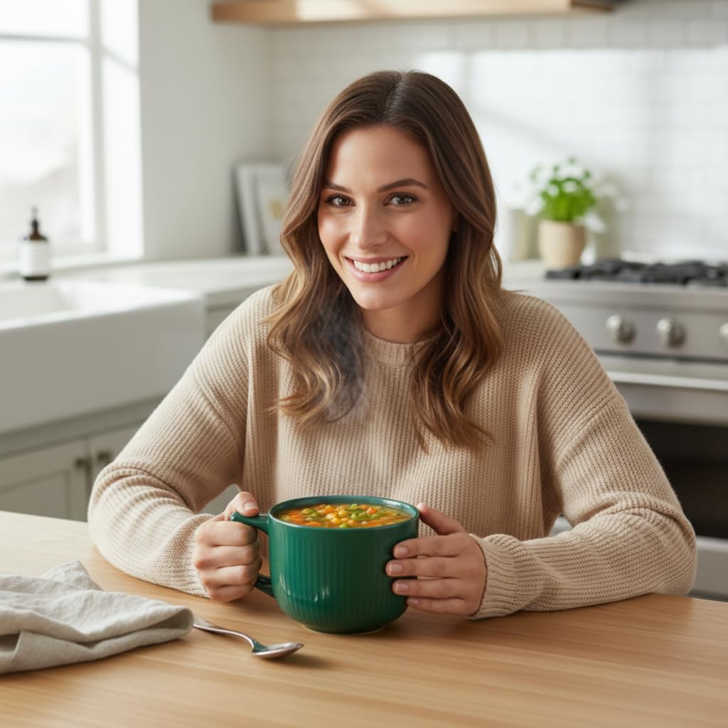 Ceramic Soup Bowl with Handle, 32 oz Microwave Safe Extra Large Mug for Ramen, Oatmeal, Cereal, Breakfast,Coffee, Porcelain Bowls with Handles, Dishwasher Safe, Mothers Gift, Set of 2 (Red & Green)