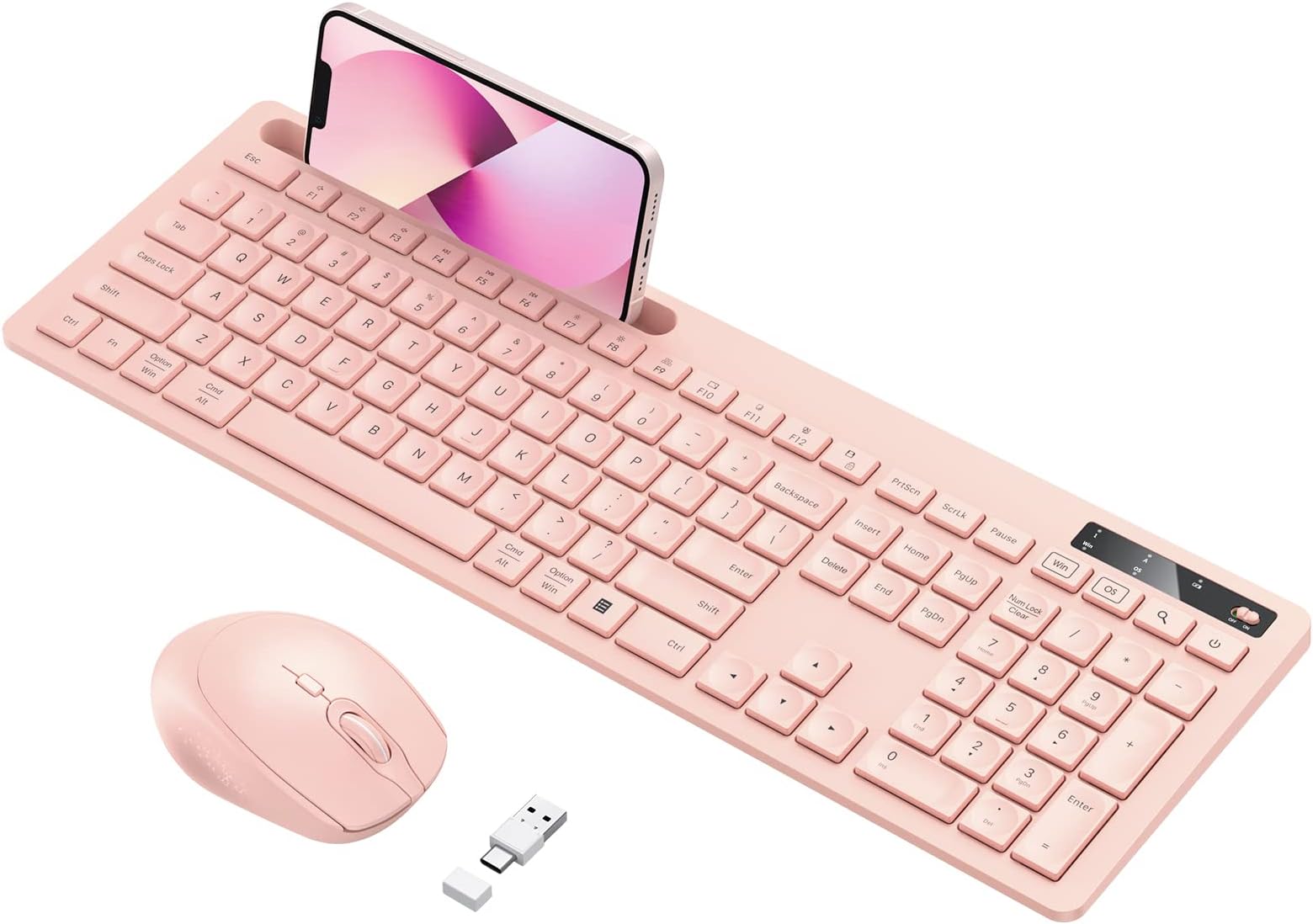 Wireless Keyboard and Mouse for MacBook, Pink Wireless Keyboard with Phone Holder USB A & Type C Receiver Rose Gold Keyboard and Mouse for Windows, Mac, MacBook/Air/Pro Computer