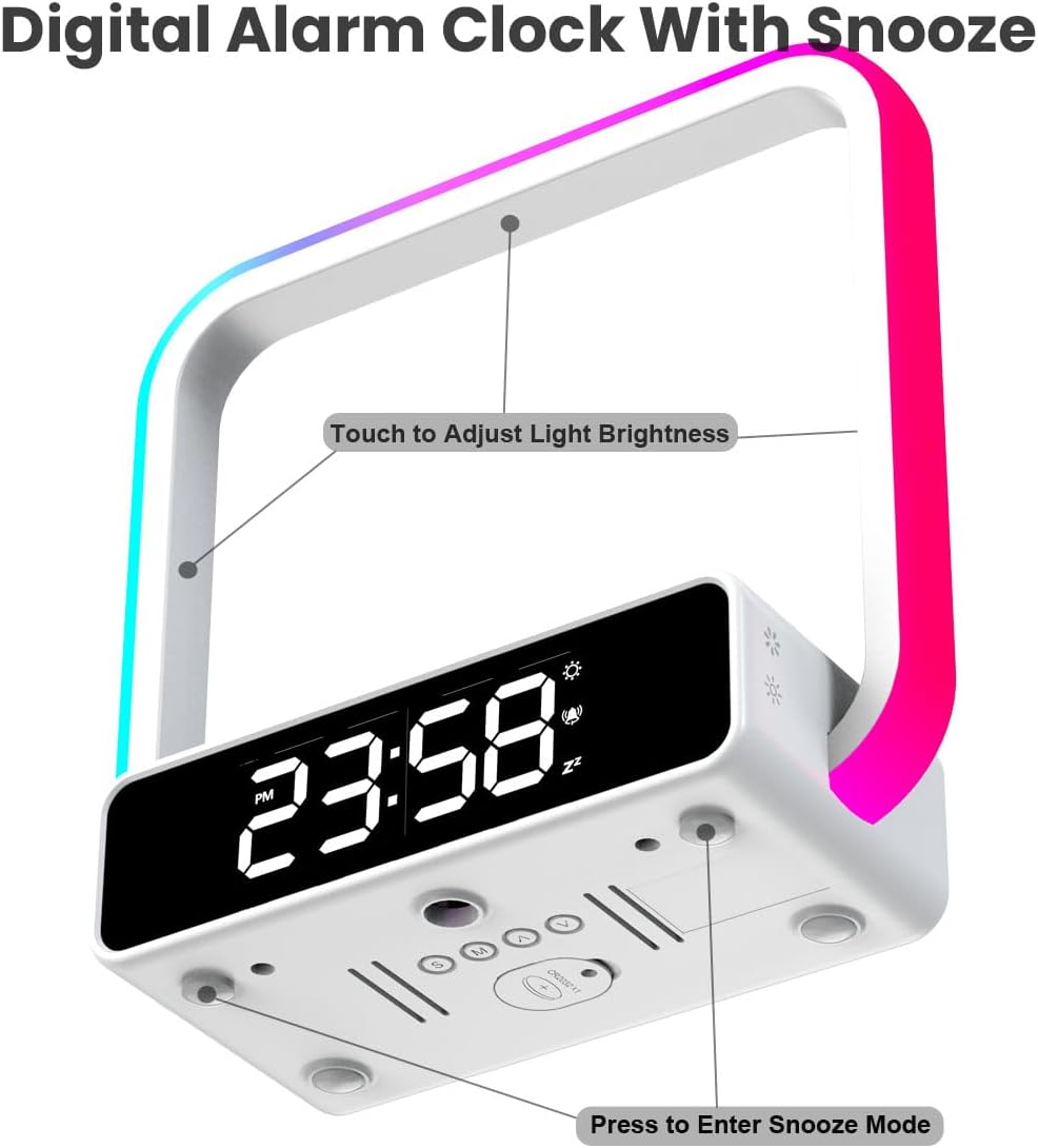 Digital Alarm Clock Wireless Charger, Dimmable Small Bedside Lamp with Alarm Clocks for Bedrooms Home Office Touch Control RGB Night Light Nightstand Lamp for Men Teen