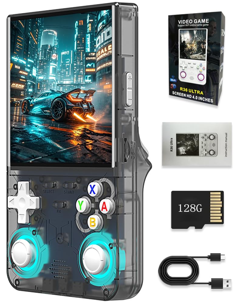 R36 Ultra Retro Handheld Game Console, 4.0" IPS Screen Portable Video Game Console ,Linux System with Colorful Double Joystick Built in 128G Card & 30000 Games (Black,128G) - 1