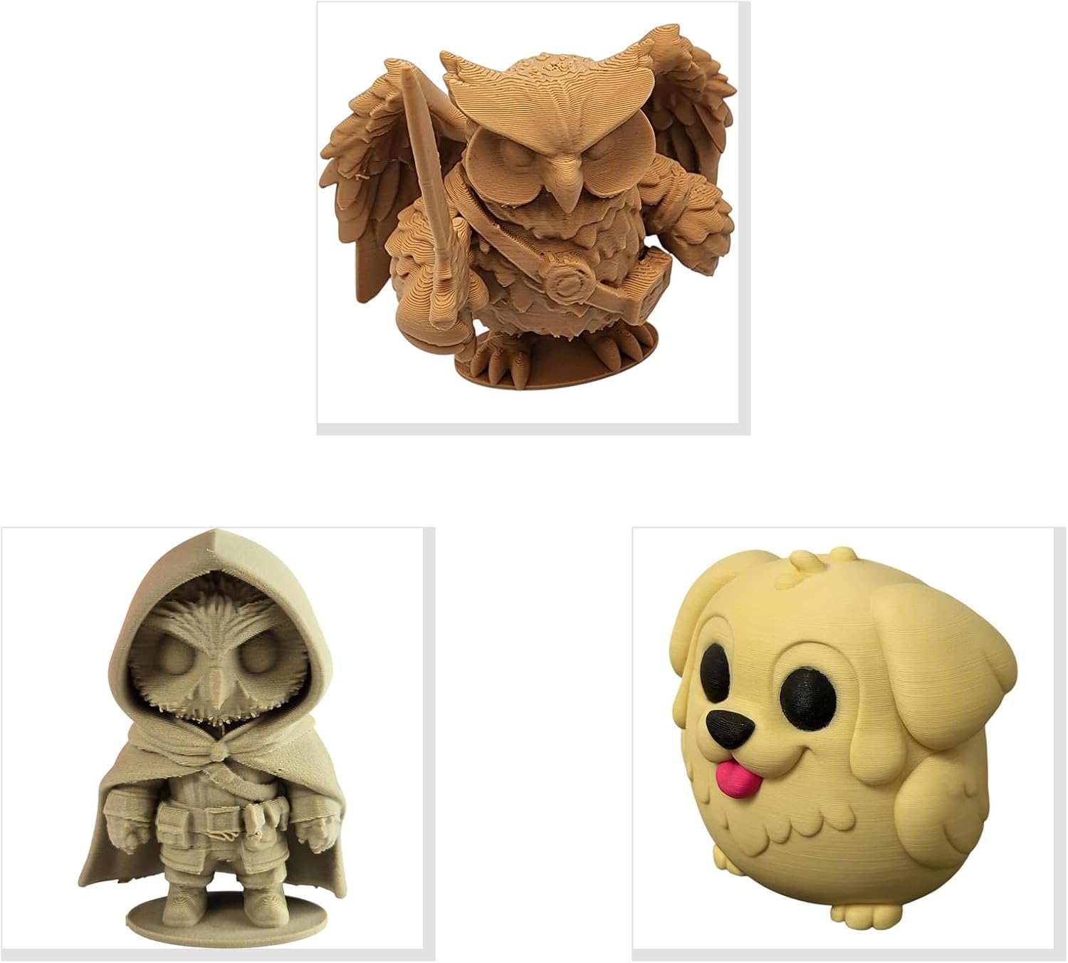 Owl Variety Collectible Figurine Bundle of 3 - Warrior Owl, Hooded Golden Retriever - Fantasy & Whimsical Adult Desk Decor - 3D Printed in Canada