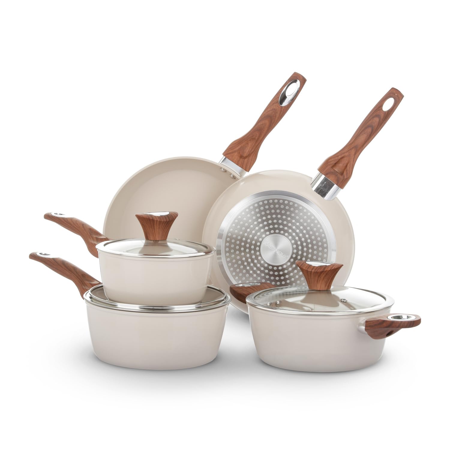 KASANOVA Batería de cocina New Ceramic, Set de ollas y sartenes antiadherentes con revestimiento cerámico, aptas para inducción (crema, 8 piezas)