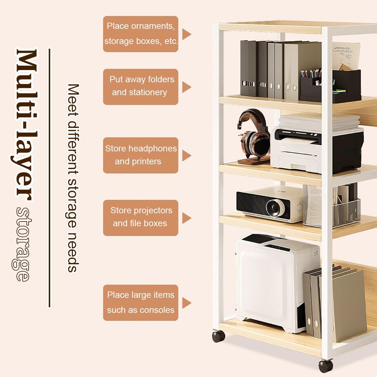Support audio à roulettes à 5 niveaux avec roulettes pour la maison et le bureau, armoire stéréo pour salle d'enregistrement, noir, 51 x 40 x 136 cm, idéal pour ranger du matériel audio-vidéo