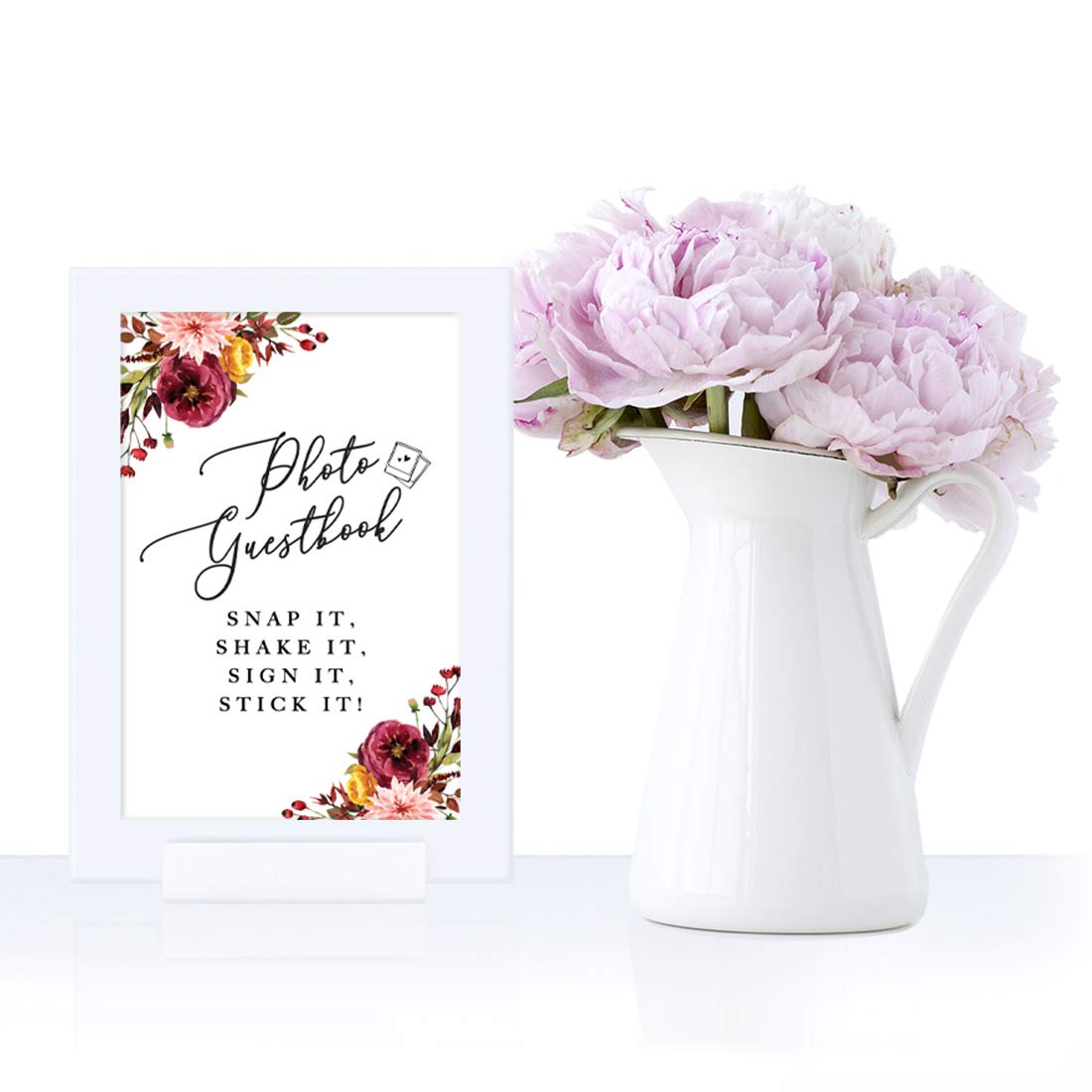 Andaz Press Framed Fall Burgundy Marsala Party Sign Wedding Collection, 4 x 6- inch, Photo Guestbook, Marsala Floral Graphic Design, 1- Pack, Reusable Photo Frame